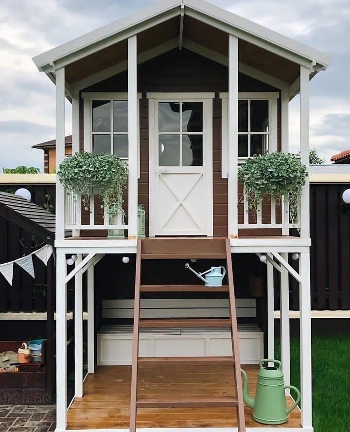 Wooden Two-Level Playhouse for Kids, Outdoor Wooden House with Porch and Loft