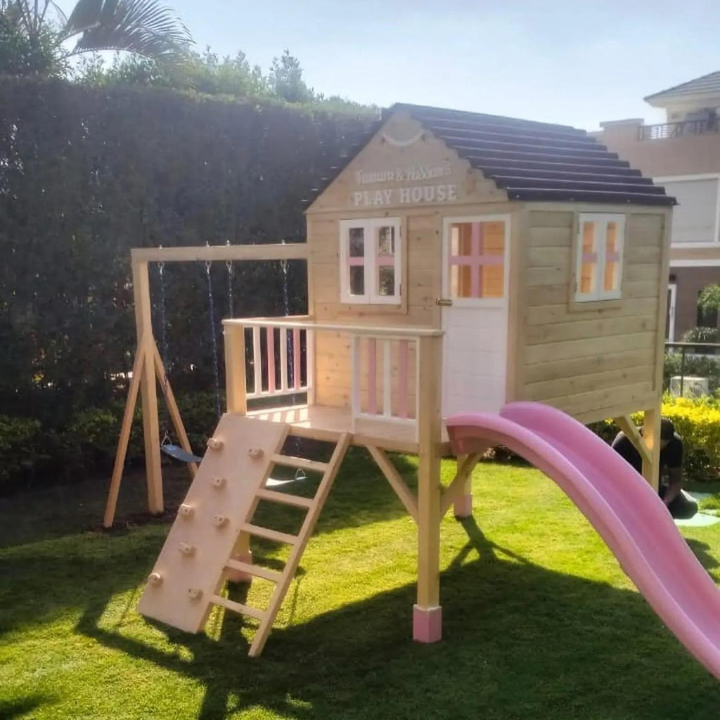Wooden Playhouse with Slide and Swings, Outdoor Kids Playground, Pine Treehouse for Backyard Fun