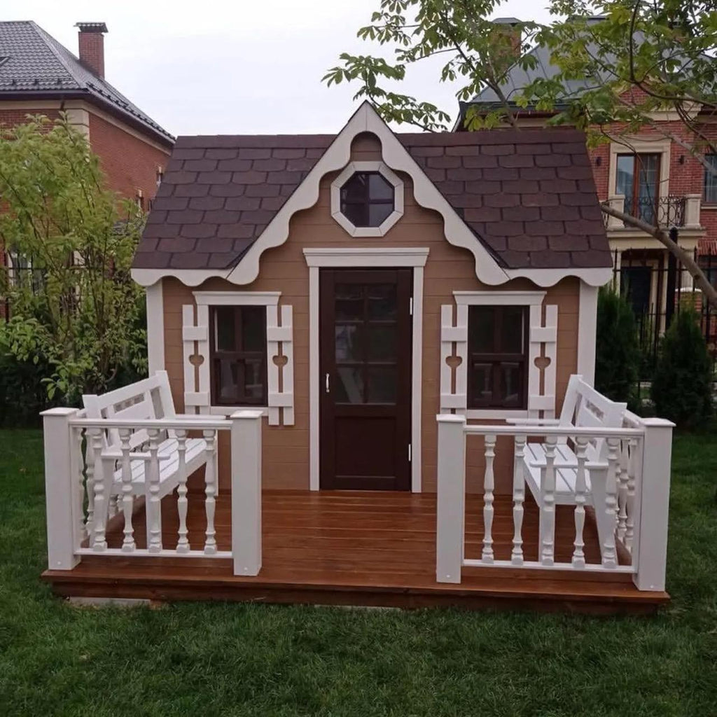 Wooden Two-Level Playhouse for Kids, Outdoor Wooden House with Porch and Loft
