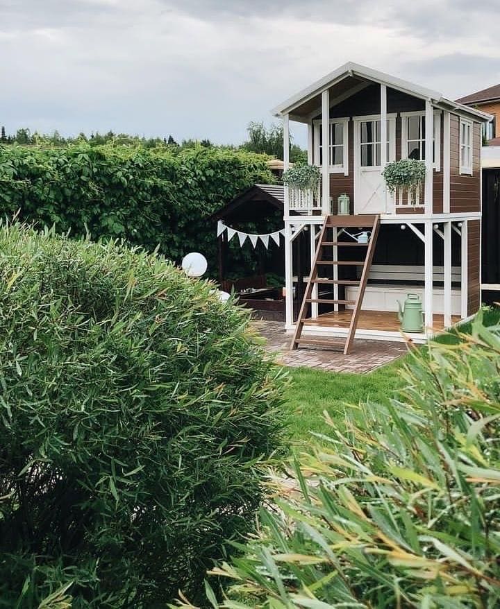 Wooden Two-Level Playhouse for Kids, Outdoor Wooden House with Porch and Loft