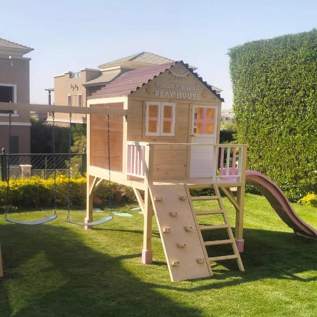 Wooden Playhouse with Slide and Swings, Outdoor Kids Playground, Pine Treehouse for Backyard Fun