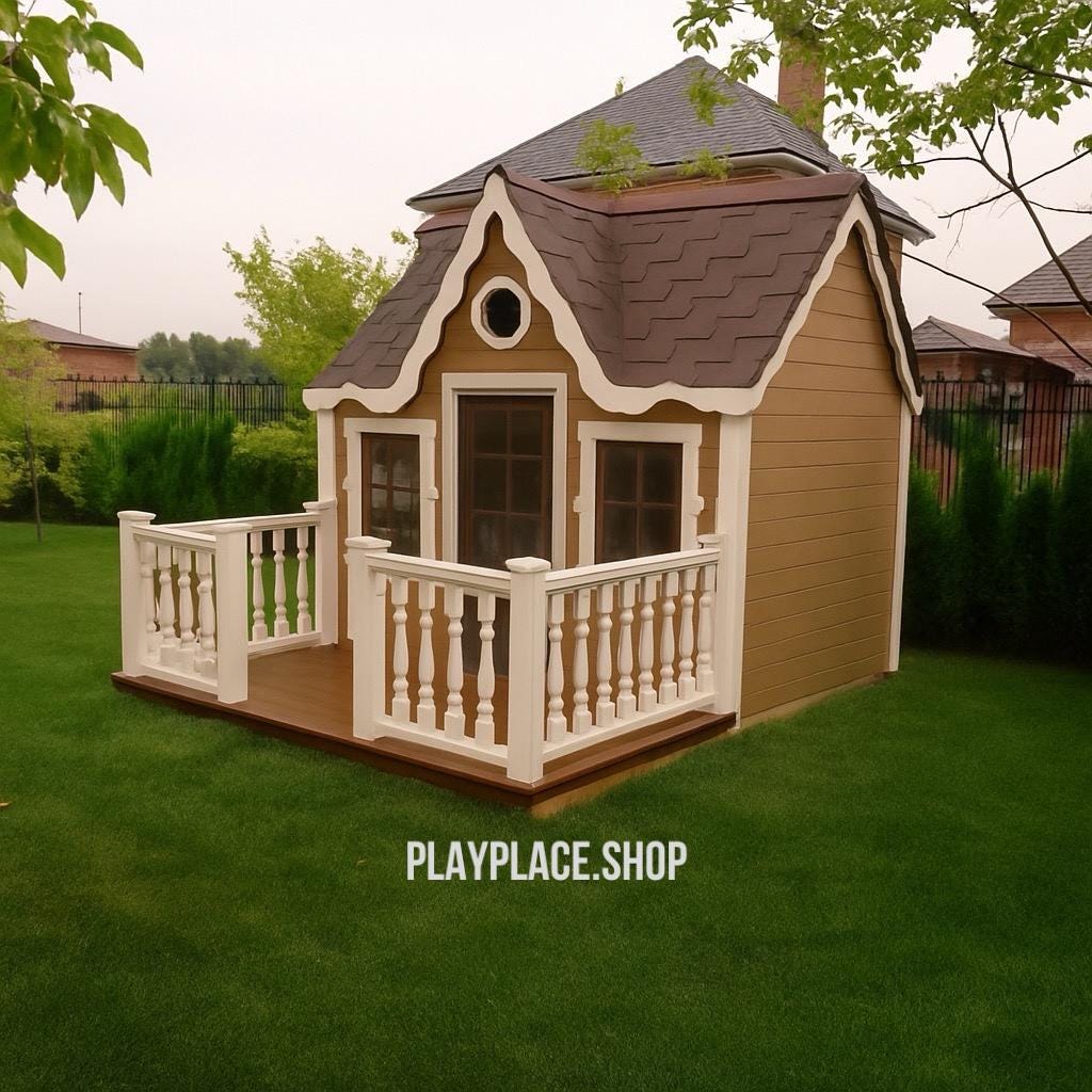 Wooden Two-Level Playhouse for Kids, Outdoor Wooden House with Porch and Loft