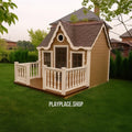 Wooden Two-Level Playhouse for Kids, Outdoor Wooden House with Porch and Loft