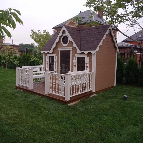 Wooden Two-Level Playhouse for Kids, Outdoor Wooden House with Porch and Loft