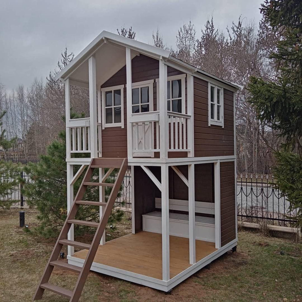Wooden Two-Level Playhouse for Kids, Outdoor Wooden House with Porch and Loft