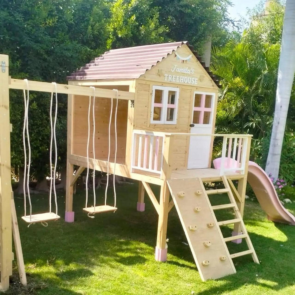 Wooden Playhouse with Slide and Swings, Outdoor Kids Playground, Pine Treehouse for Backyard Fun