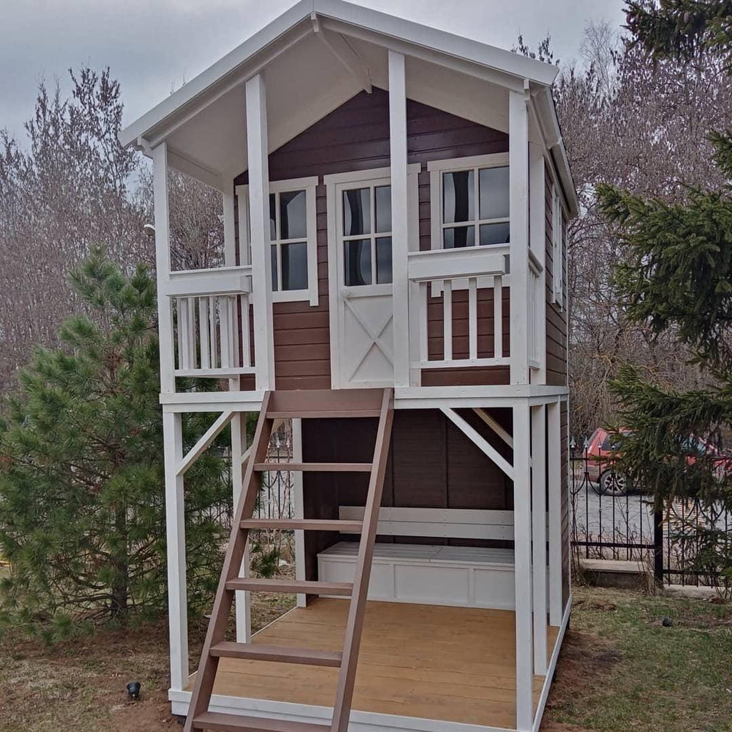 Wooden Two-Level Playhouse for Kids, Outdoor Wooden House with Porch and Loft