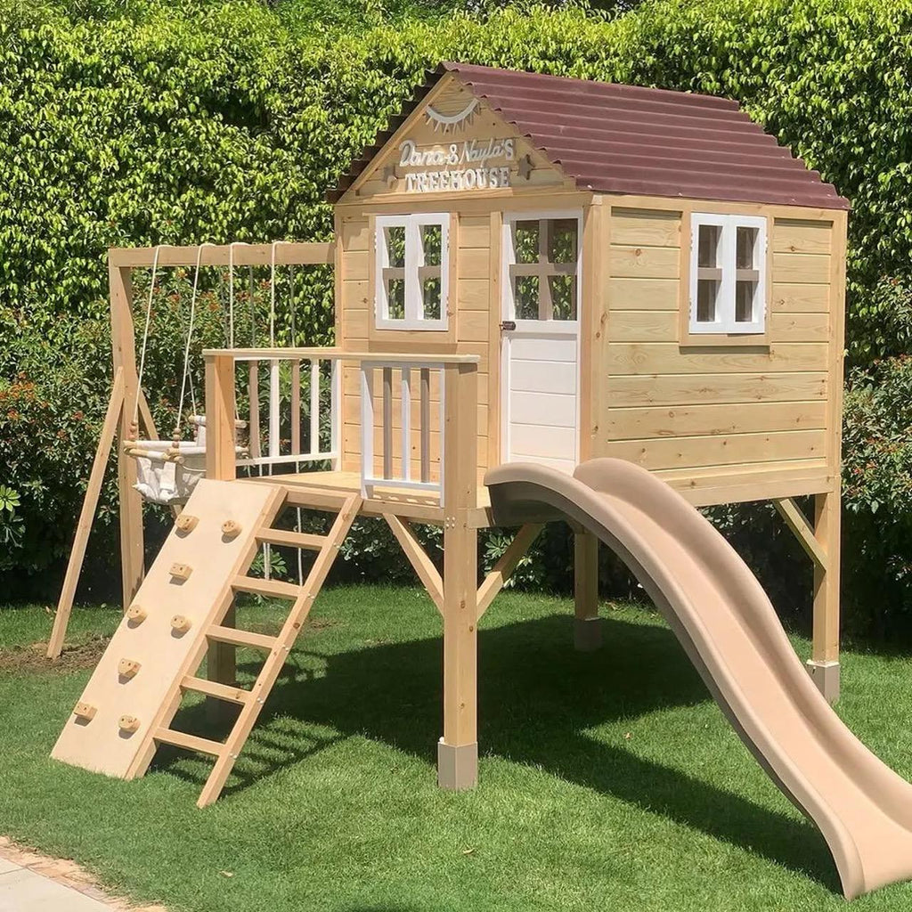 Wooden Playhouse with Slide and Swings, Outdoor Kids Playground, Pine Treehouse for Backyard Fun