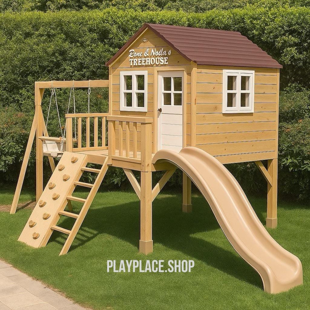 Wooden Playhouse with Slide and Swings, Outdoor Kids Playground, Pine Treehouse for Backyard Fun