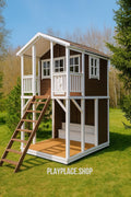 Wooden Two-Level Playhouse for Kids, Outdoor Wooden House with Porch and Loft