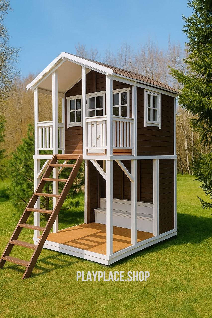 Wooden Two-Level Playhouse for Kids, Outdoor Wooden House with Porch and Loft