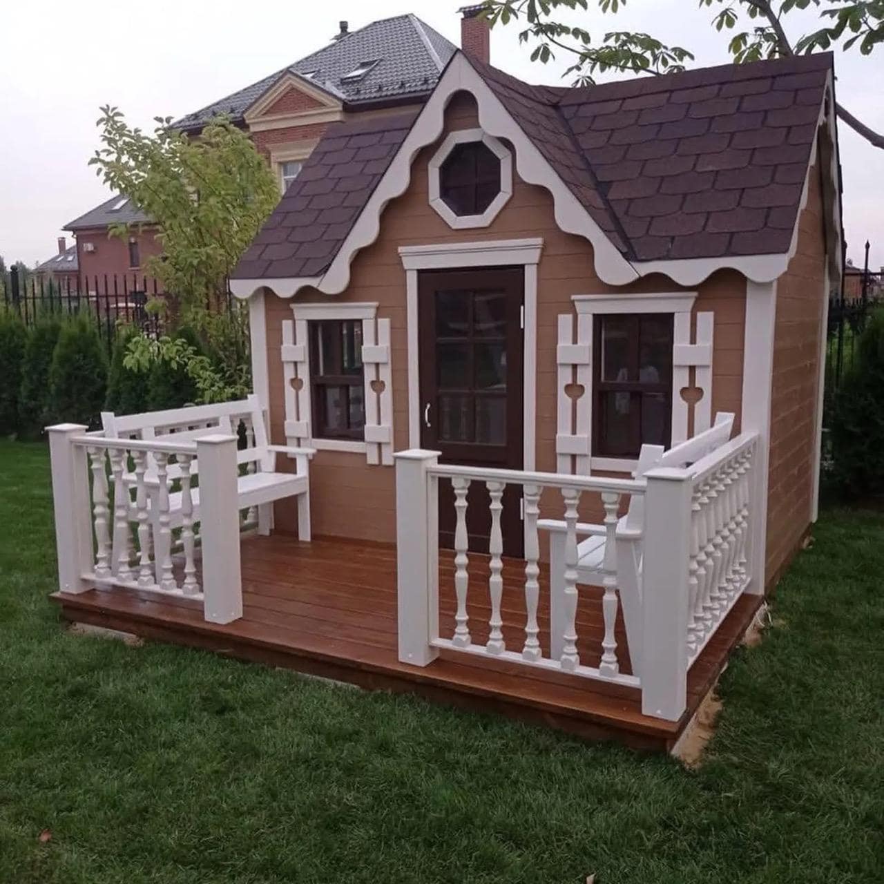 Wooden Two-Level Playhouse for Kids, Outdoor Wooden House with Porch and Loft