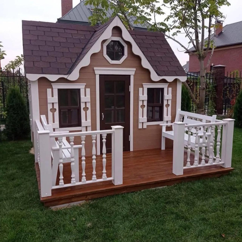 Wooden Two-Level Playhouse for Kids, Outdoor Wooden House with Porch and Loft
