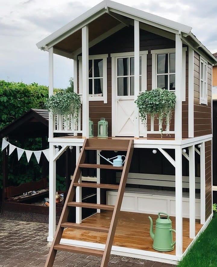 Wooden Two-Level Playhouse for Kids, Outdoor Wooden House with Porch and Loft